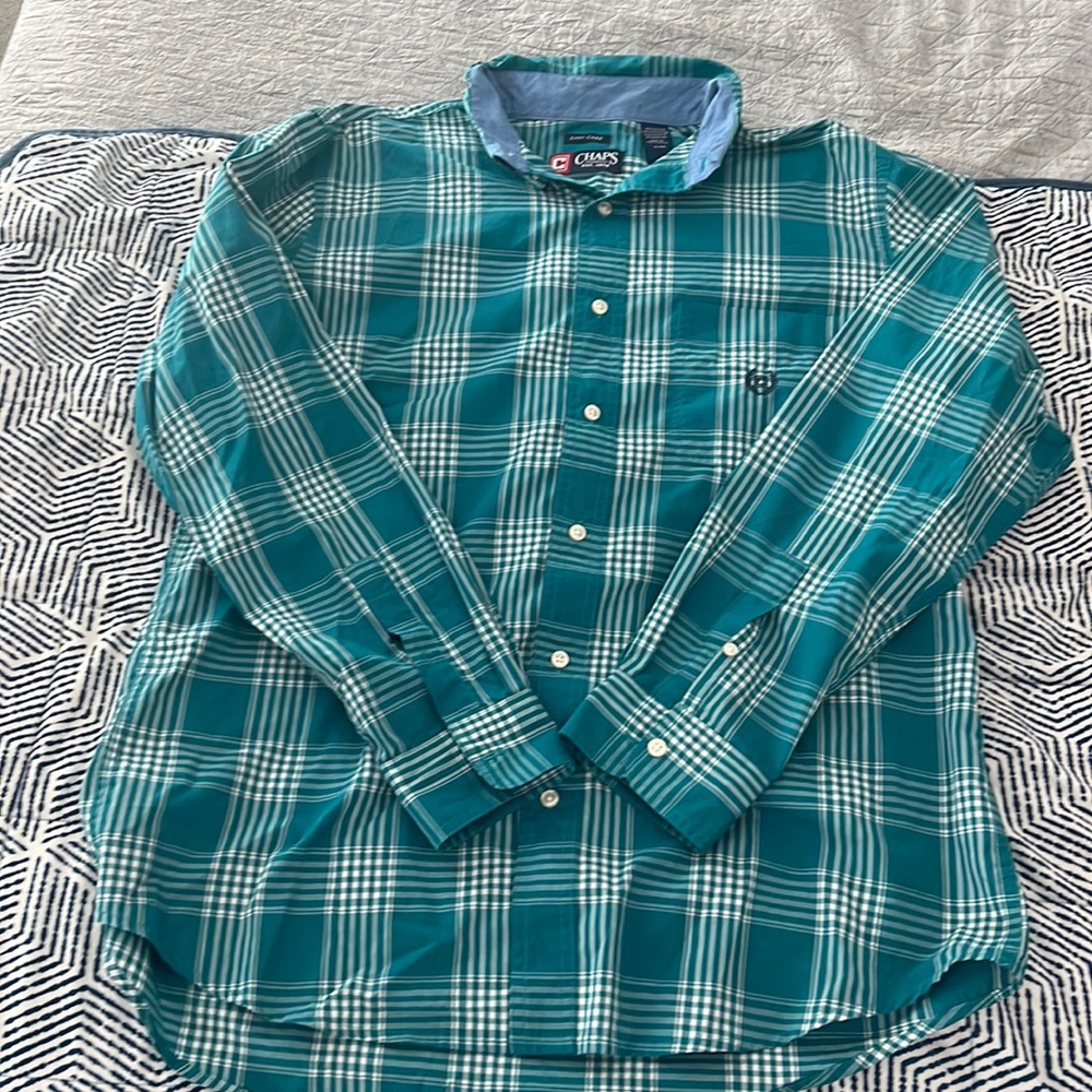 Chaps - men’s blue/plaid button down dress shirt. Size large.